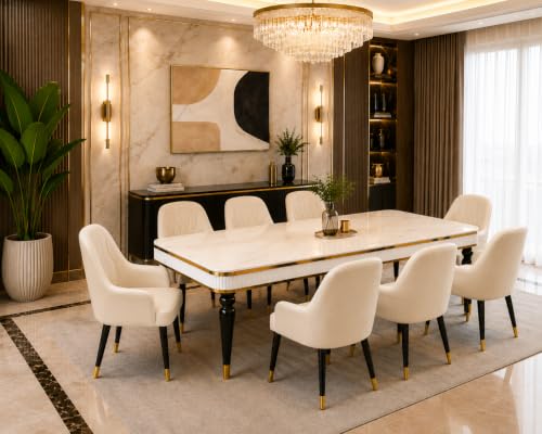 Image of 8 Seater Dining Table Set with Nano Composite Marble Top, Solid Wood Base & 8 Upholstered Chairs, Modern Dining Table Set for Home & Dining Room Furniture