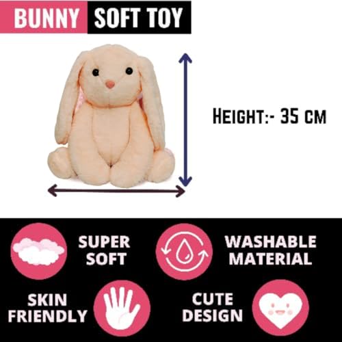 Image of AUDBOT Peach Bunny Soft Toy -35cm | Long Ears Rabbit Fluffy Toy | Teddy Bear Gift for Girlfriend | Kids Toys for 2-5 Years | Plushie Stuffed Animal for Baby Girls