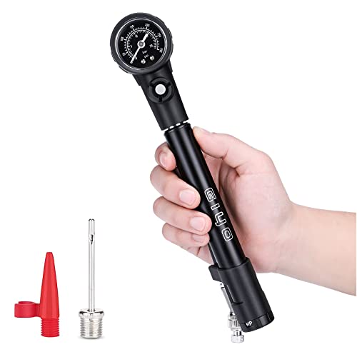 2 in 1 Bike Tire Pump /Shock Pump- Mini Hand Bike Pump Portable- 300PSI Bicycle Air Pump with Pressure Gauge- Presta and Schrader Valves Compatible Ball Pump with Needle (Style A)