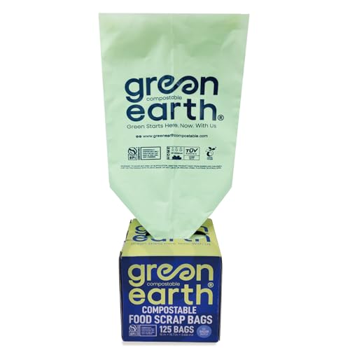 Green Earth Compostable Bags for Countertop Compost Bins 1.2 Gallon (4.5L) Extra Thick 0.68 Mil Leak-Proof & Odor Control 125-Count ASTM D6400 BPI (US) & OK Compost Home (EU) Certified