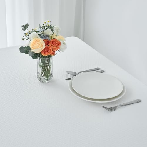 Image of maxmill Tablecloth Weaved Texture Stain Resistant Waterproof, Wrinkle Resistant Washable Table Cloth, Fabric Table Cover for Dining Room, Indoor Outdoor Use, Rectangle 60 x 120 Inch, White