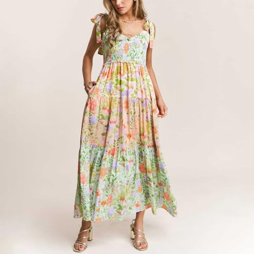 Women Boho Floral Sun Dress Tie Strap Sleeveless V Neck Patchwork Smocked Long Flowy Maxi Dress with Pockets2