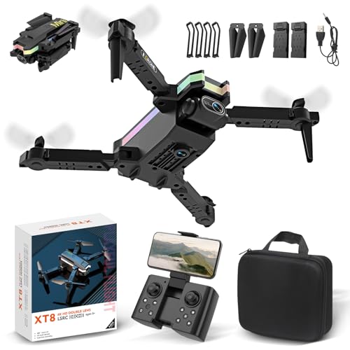 Mini Pro Drone com Câmera 4K, Controle Remoto, 60 Minutos de Autonomia, Controle Remoto, 100m de Alcance Profissional Drone Fpv, 2 Baterias 3.7V 1800mAh, Ângulo Ultra Grande 110° (XT8)