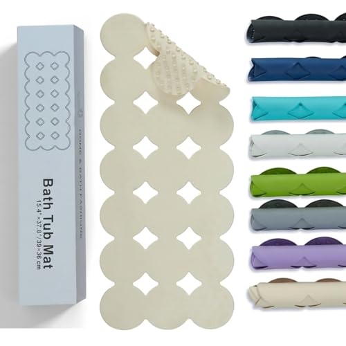 Image of Webos Bathtub Mat Non Slip: Extra Long Rubber Bath Mat for Tub with Strong Suction Cups 15.4" x 37.8" Anti Slip Shower Mat, Big Drain Holes Bathroom Mats for Tub & Shower, Circle-Beige