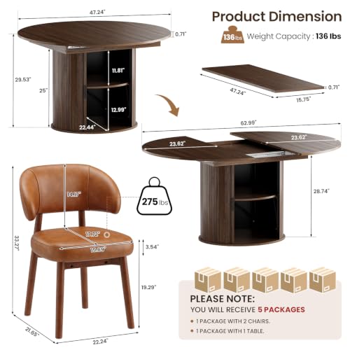 Image of MALOL 47 inch-63 inch Extendable Round to Oval Dining Room Table Chairs Set for 4-8, Modern Wooden Kitchen Table and Chairs with Hidden Storage and Fluted Design for Dining Room /Small Space(Walnut and Brown)