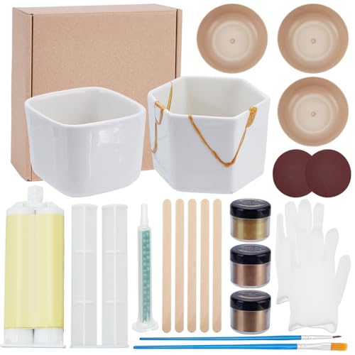 WEBEEDY Kintsugi Repair Kit Gold Food Safe 60g Mica Powder 2 Ceramics Practice Bowls 50ml Glue for Beginners Ceramics and Porcelain Repair DIY Art Kits Restoring Meaningful Gift Sets