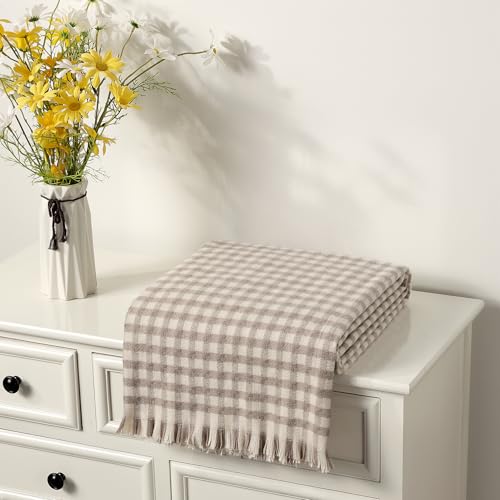 Image of CREVENT Farmhouse Boho Knitted Throw Blanket for Couch Sofa Chair Bed Home Decoration, Soft Warm Cozy Light Weight for Spring Summer Fall (50''X60'' Plaid Tan)