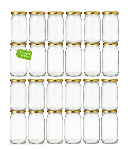 Einmachgläser mit schraubdeckel 900 ml 24er Set mit goldenen Deckel fi82 Einmachglas Einweckgläser - Vorratsgläser Glas luftdicht Twist Off - für Gurken Paprika Kompott Marmelade Honig Einmachen