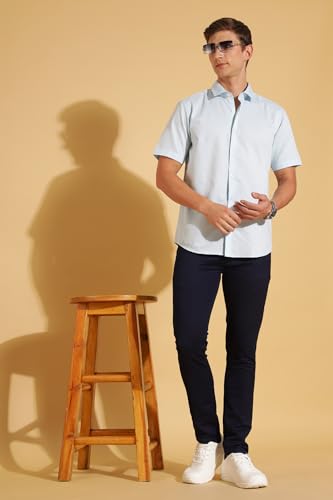 Image of Fyltr Men's Regular Fit Cotton Blend Shirt - Half Sleeve | Stylized Collar Band | Formal Shirts for Men