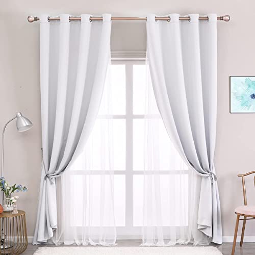 Image of 90 Inch Length Double-Layered Curtains- Mix and Match Blackout Curtains with White Sheer Voile for Bedroom and Living Room, 52 x 90 inch, Greyish White