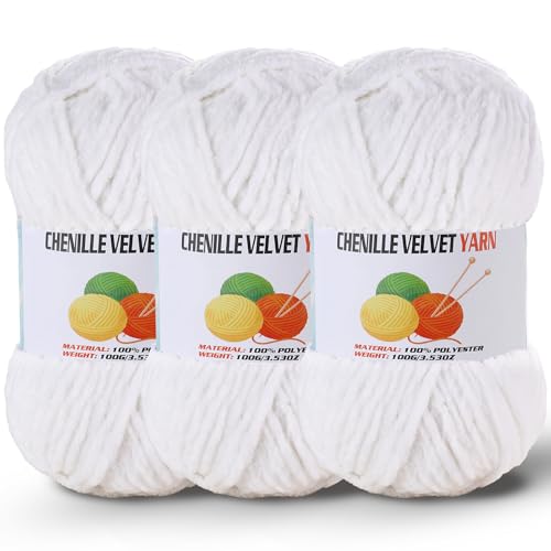 Image of 3 * 100g /3.5oz Fluffy Chenille Yarn for Crocheting, Chunky Velvet Yarn for Crochet Amigurumi, Used for Making Baby Yarns Blanket, Clothes, Pattern Knitting Creations (White)