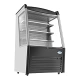 Pemberly Row 36" Open-Air Merchandiser Refrigerator, Metal, Stainless Steel Body, Black Finish, LED Lighting, 11.6 Cu. Ft., Adjustable Shelves, Double Pane Glass, Casters, Grab and Go Cooler for