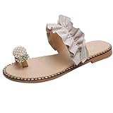SACFOF Sandals for Women Flat,Summer Sweet Pearls Pineapple Sandals Ring Toe Flip Flops Bohemian Flat Slippers Beach Shoes