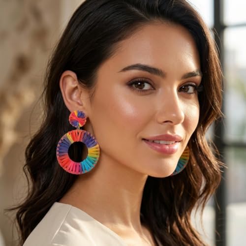 Image of Young & Forever Boho Rainbow Raffia Earring Pack - Handmade Woven Straw Geometric C-Hoop, Heart & Statement Drop Earrings for Women, Summer Beach Vacation Jewelry