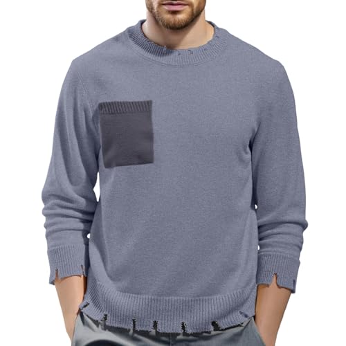 Suéter de punto irregular para hombre, diseño desgastado, manga larga, cuello redondo, informal, cómodo, cálido, para invierno y otoño.