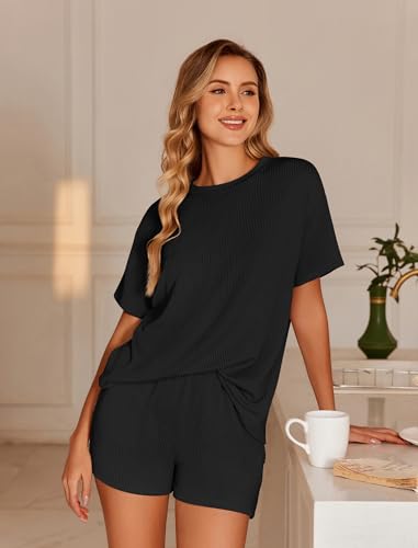 Image of Ekouaer 2 Piece Sets for Women Matching Lounge Sets Summer Outfits | Casual Loungewear, Ribbed Loose Set, Short Sleeve Shirt and Shorts, Crewneck, With Pockets