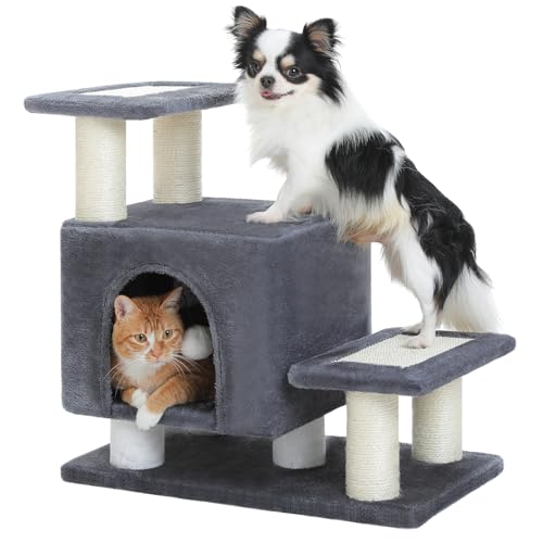 Image of 3-in-1 Dog Stairs & Cat Scratching Post with Condo, Pet Steps for High Bed, Sofa, Couch, Tall Cat Tower, High-Strength Board for Indoor Small Cats Kittens Dogs Climbing Playing, 3 Steps-Dark Grey