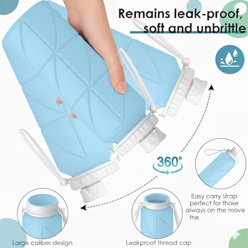 Image of Barebeauty Folding Silicone Water Bottle | Collapsible Travel Water Bottle for Gym, Office, School, Cycling, Hiking & Outdoor Sports | Leak-Proof, Portable Bottle | 600 Ml (Blue)