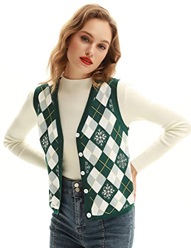 Women's V Neck Plaid Sweater Vest Christmas Knit Sleeveless Casual Green Sweater #TOP4