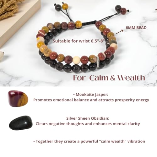 6MM Stackable Healing Bracelet - Mookaite Jasper & Silver Sheen Obsidian Beads for Peace, Prosperity & Positive Energy | Adjustable Handwoven Cord | Boho Chic Spiritual Jewelry2