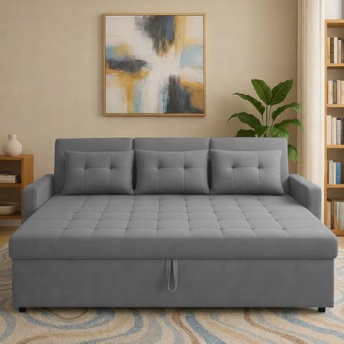 Image of Casaliving Treshta 3 Seater Pull-Out Premium Fabric Sofa Cum Bed Sofa Set for Living Room (Dark Grey Fabric Color) Premium Fabric Sofa Set for Living Room Sofa Cum Bed Set