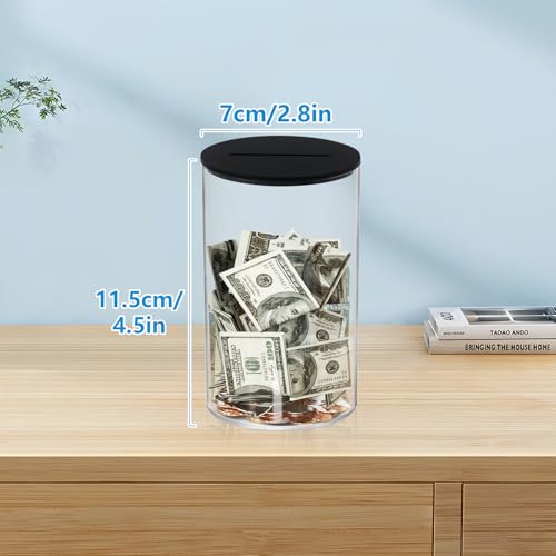 Klmnop Acrylic Piggy Bank, Openable Piggy Bank for Kids with Black Lid, Repeatable Money Saving Jar, Clear Money Jar for Cash Saving(Black 2.8\"×4.5\") - Thumbnail 3
