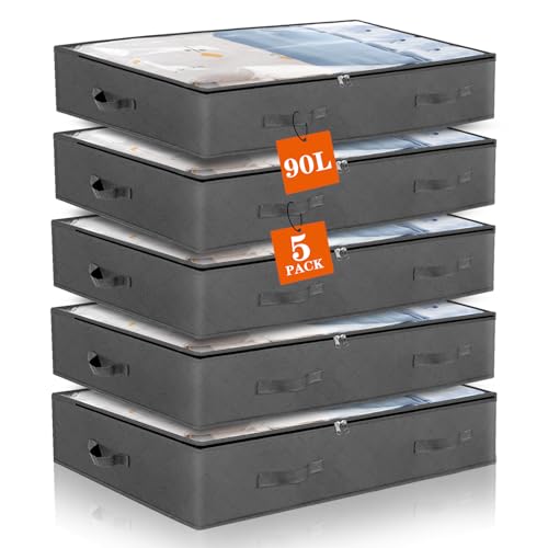 Withosent 5 Cassettiera Sotto Il Letto, 90 L, In Tessuto Non Tessuto, Pieghevole, Con Finestra Trasparente Per Copriletti, Vestiti, Coperte, Cuscini