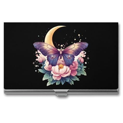 Moth Butterfly Moon Flowers Business Card Case Pocket Card Holder Slim Card Wallet for Men Women