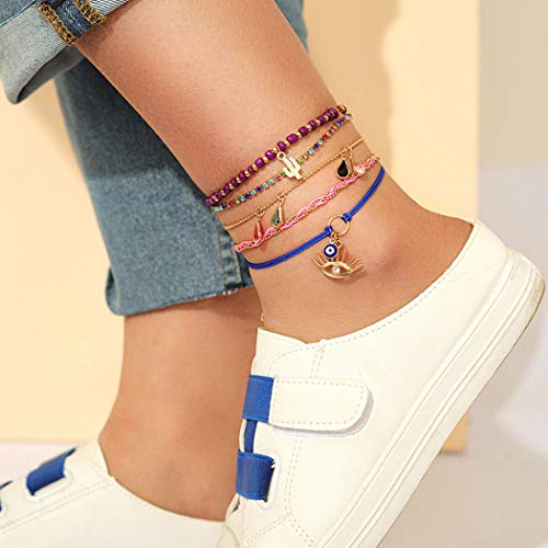 Aiyuan Boho Layered Dainty Summer Anklets Colorful Crystal Dangle Ankle Bracelets Evil Eye and Cactus Foot Chain for Women and Girls