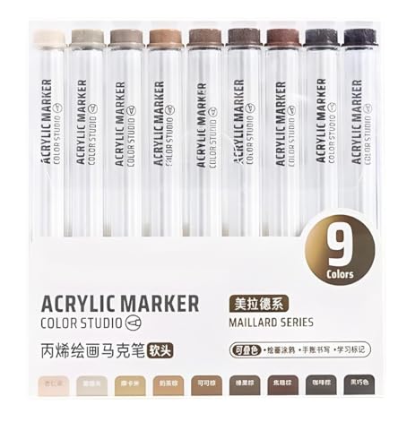 Sharxart Brown Acrylic Paint Pen Markers, 9 Colors Soft Brush Tip Paint Pens for Wood Glass Eggs Rock Painting Canvas Stone Fabric DIY Crafts Making Art Supplies (Brown)
