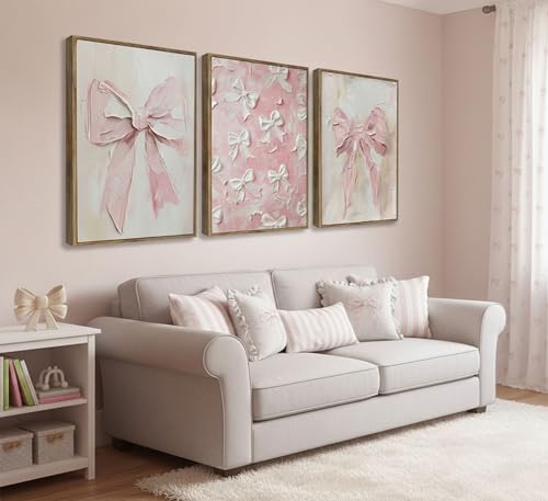 Image of Framed 3D Textured 3Pcs Trendy Pink Bow Canvas Wall Art Vintage Cute Preppy Watercolor Bow Painting Pictures Wall Decor Posters Prints Girly Aesthetic for College Apartment Bedroom Decoration