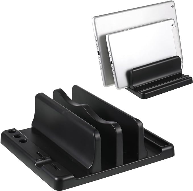 TARKAN Adjustable Width Vertical Laptop Holder | 2-Slot Desk Space Saving Organizer Stand Fits All Laptop Size (ABS, Black) (B0CQ85V3FG) Amazon Price History, Amazon Price Tracker