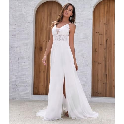 Chiffon Wedding Dresses for Bride Lace Appliques V Neck Long Beach Spaghetti Straps Simple Bridal Gown with Slit3