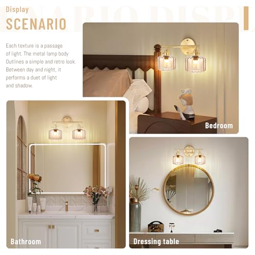 Image of Vintage Glass Wall Sconce, 2-Light Brass Gold Bathroom Lighting Fixtures Over Mirror, Ribbed Vanity Wall Light with Amber Glass Shade, E26 Base for Bedroom, Dressing Table, Hallway