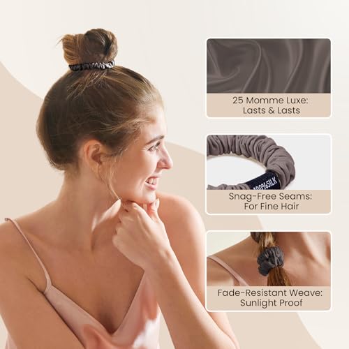 Image of THXSILK 100% Mulberry Silk Scrunchies 3-Pack, 25 Momme Mulberry Silk Hair Ties for Women, Sleek Low Profile No Damage Ponytail Holders, for Fine Hair & Everyday Use, Charcoal
