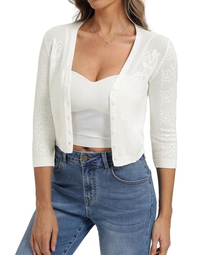 Image of Belle Poque Womens Summer Cropped Cardigan Sweaters Lightweight Crochet Bolero Shrugs 3 /4 Sleeve Button Down V Neck Cardigans