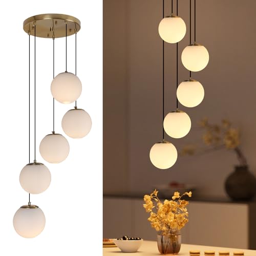 JC TOPA Modern Globe Cluster Chandeliers, 5-Light White Glass Pendant Light Multi Cluster Pendant Lighting Mid Century Chandelier for Living Room Staircase Foyer Entryway, Brass