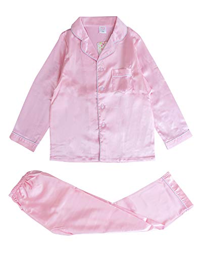 Image of Pajamas Kid Unisex Pjs Set Girls Boys Silk Pajamas Set Satin Long Sleeve 2 Piece Clasic Sleepwear for 2-12 Years Todder