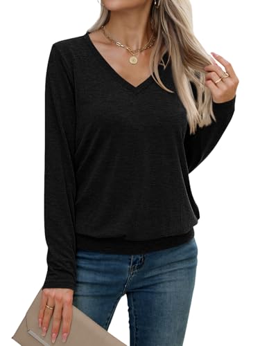 Womens V Neck Long Sleeve Shirts Casual Banded Hem Tops Basic Tees Spring Fall Clothes 20254