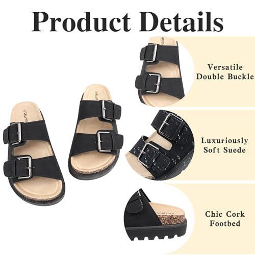 Image of Chunky Platform Sandals for Women, Waterproof Non-Slip Rubber Sole, Adjustable Double Buckle, Arch Support Open Toe Slide Sandals, Comfortable Black Wedge Sandals for Women