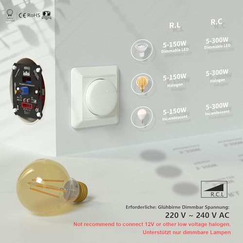  LED Dimmer für universelle 5-300 W Leuchtdesigner
| Drehdimmer für LED & Halogen Lichtquellen, Universal 5-300 W
| Univ