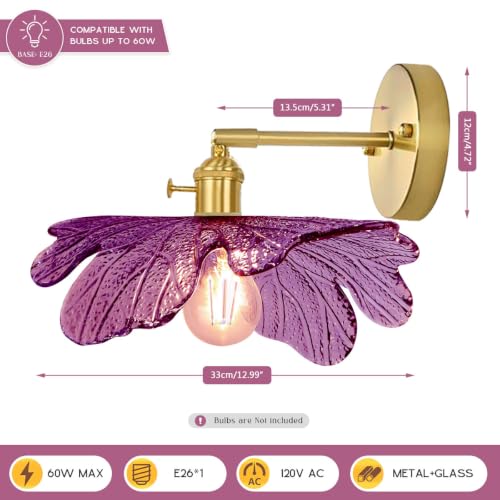 Image of 2-Light Bathroom Vanity Lights Purple Flower Glass Shade, Brushed Gold Brass Wall Sconce Over Mirror Vintage Vanity Wall Light, Mid Century Wall Lighting Farmhouse Bedroom Doorway
