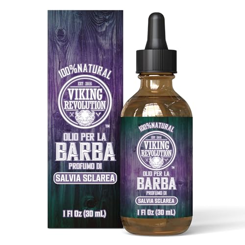 Viking Revolution - Olio Barba Uomo - Oli di Argan & Jojoba Naturali - Ammorbidsce, Liscio & Rafforza la Crescita Della Barba - Olio Barba - Profumo Naturale di Salvia Sclarea - 30 ml