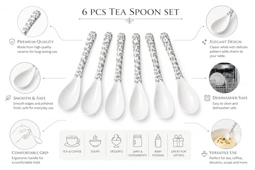 Image of Melvio By Malti 6 Pcs Tea Spoon Set for Dining & Dessert | Premium Melamine Spoons with Elegant Design | Microwave & Dishwasher Safe Spoons for Tea, Coffee, Ice Cream, Dessert | White, 5.5 Inch