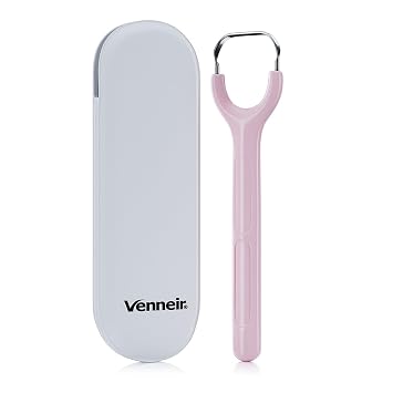 Venneir Tongue Scraper with Travel Case, Oral Glide ProBad Breath Treatment, Medical-Grade Stainless Steel for Adults & Kids. 100% Rustproof, Sleek & Effective Design Pink Frost