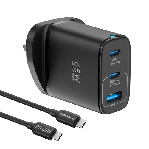 65W USB C Plug, 3 Ports GaN Type-C Charger Plug UK PPS/PD3.0 Fast Charging for MacBook Pro/Air, iPad Pro/Air, for iPhone 16/15 Pro Max, for Galaxy S24/S23, Laptop Charger, Black