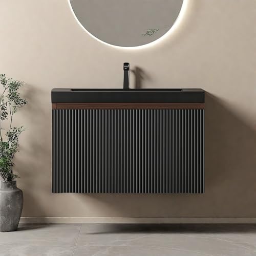 Image of Wall Mounted Bathroom Sink Vanity, Modern 24 inch Floating Vanity with Resin Top Basin Sink and U-Shaped Soft-Close Storage Drawer, Striped Bathroom Storage Cabinet with Invisible Handle, Black