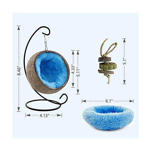 Ranslen natural coconut hamster hideout hammock with molar toy suspension coconut husk hamster bed house with warm pad small animal guinea pigs habitat decor accessories hanging loop (brown) - image 3
