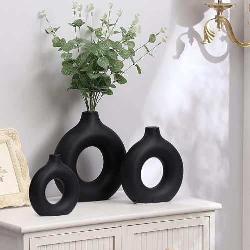 Image of White Donut Vase Hollow Ceramic Vase for Flowers Handmade Minimalist Style Modern Home Decor Round Shape Table Party Living Room Office Bedroom (Black S. M L)