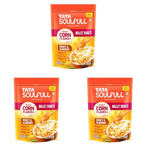 Image of Tata Soulfull Corn Flakes+, Honey & Almonds, Crunchy Corn & Millets, Baked Not Fried, Cholesterol Free, High Fiber, Wholesome Breakfast Cereal, Quick & Easy, 450g (Pack of 3)